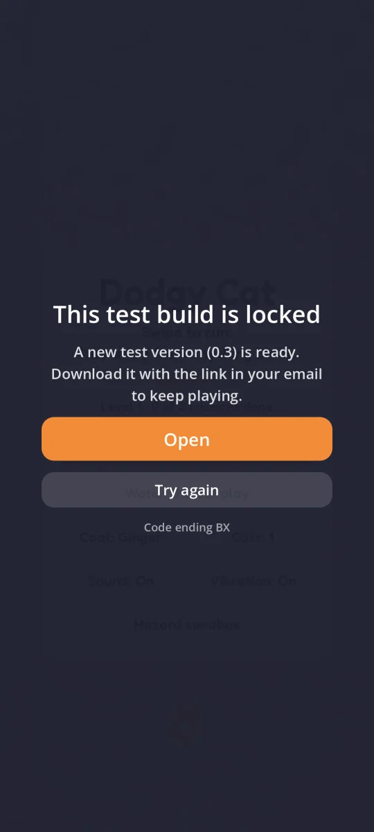 Dodgy Cat locked with the message that a new test version, 0.3, is ready, and a button to get it