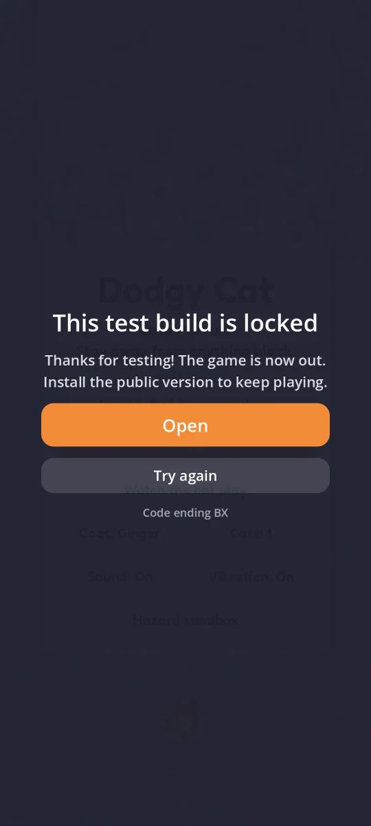 Dodgy Cat locked because the game is out, with a button to the Play Store