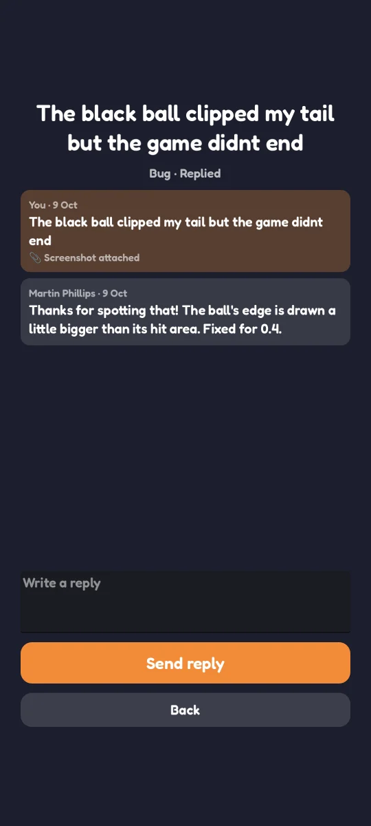 A conversation in Dodgy Cat: the tester’s bug report with its screenshot, and the reply from the team