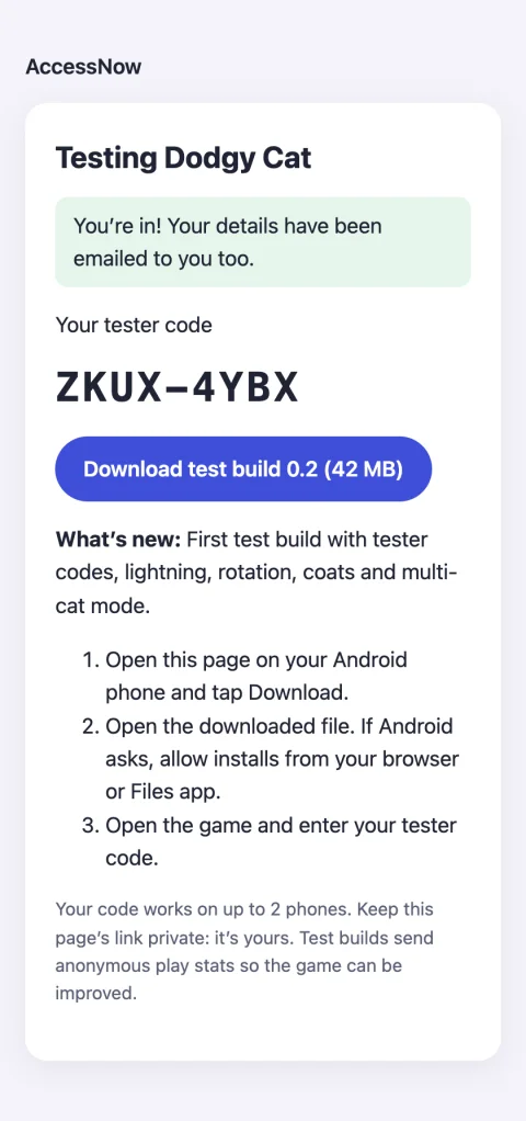A tester’s private page for Dodgy Cat, with their tester code, a download button for test build 0.2 and three install steps