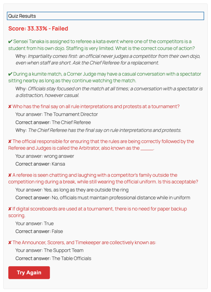 A quiz result showing the student's answer, the correct answer and an explanation for each wrong answer