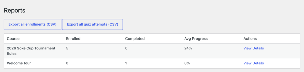 The Reports overview with average progress per course and CSV export buttons