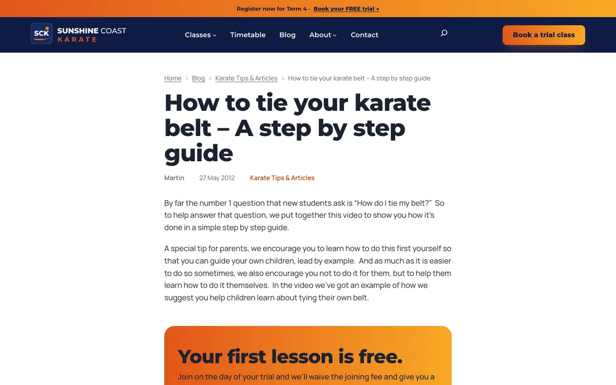 The same 2012 post, How to tie your karate belt, in the new block theme at the same address, with breadcrumbs, the date, the category and a Your first lesson is free panel.