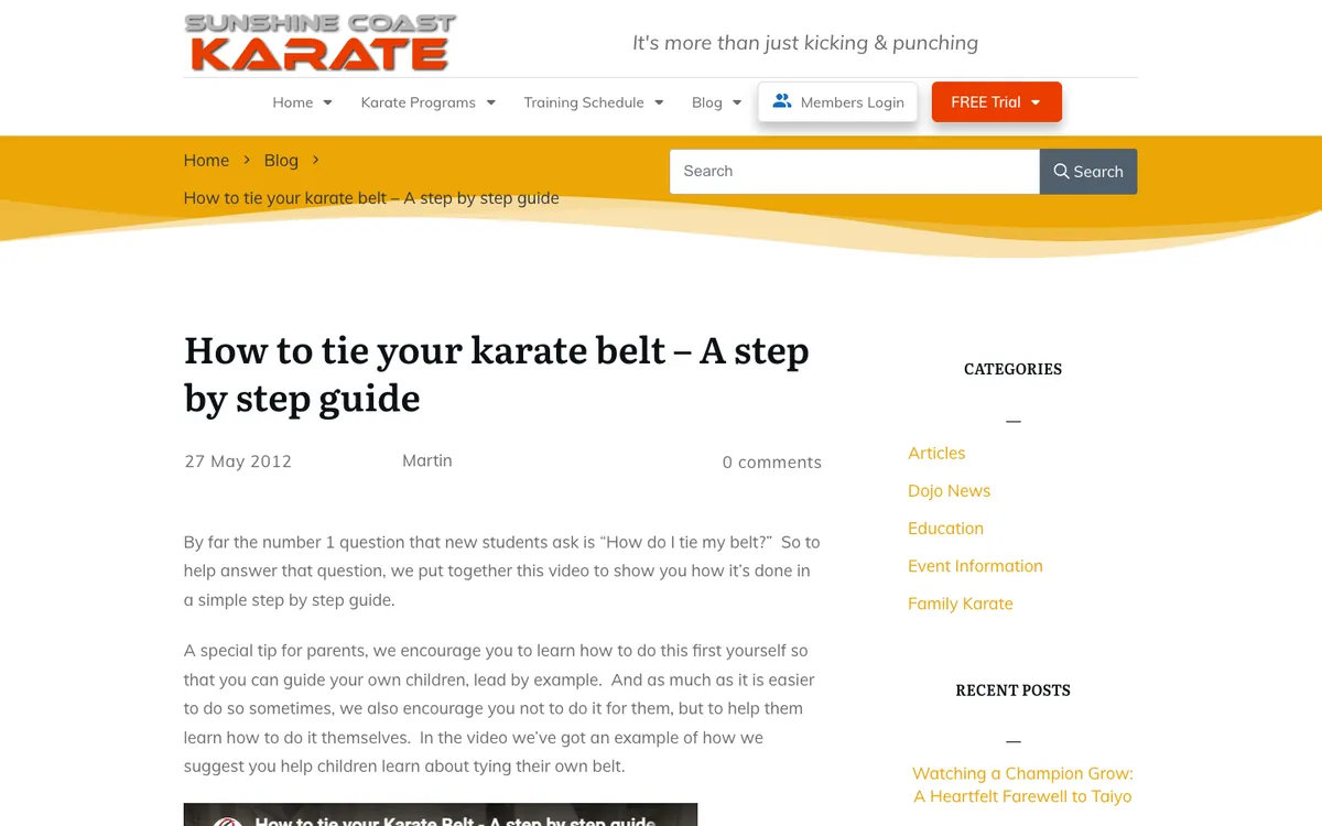 The 2012 post How to tie your karate belt in the old Thrive theme, with a yellow breadcrumb band, a search bar and a sidebar of categories and recent posts.