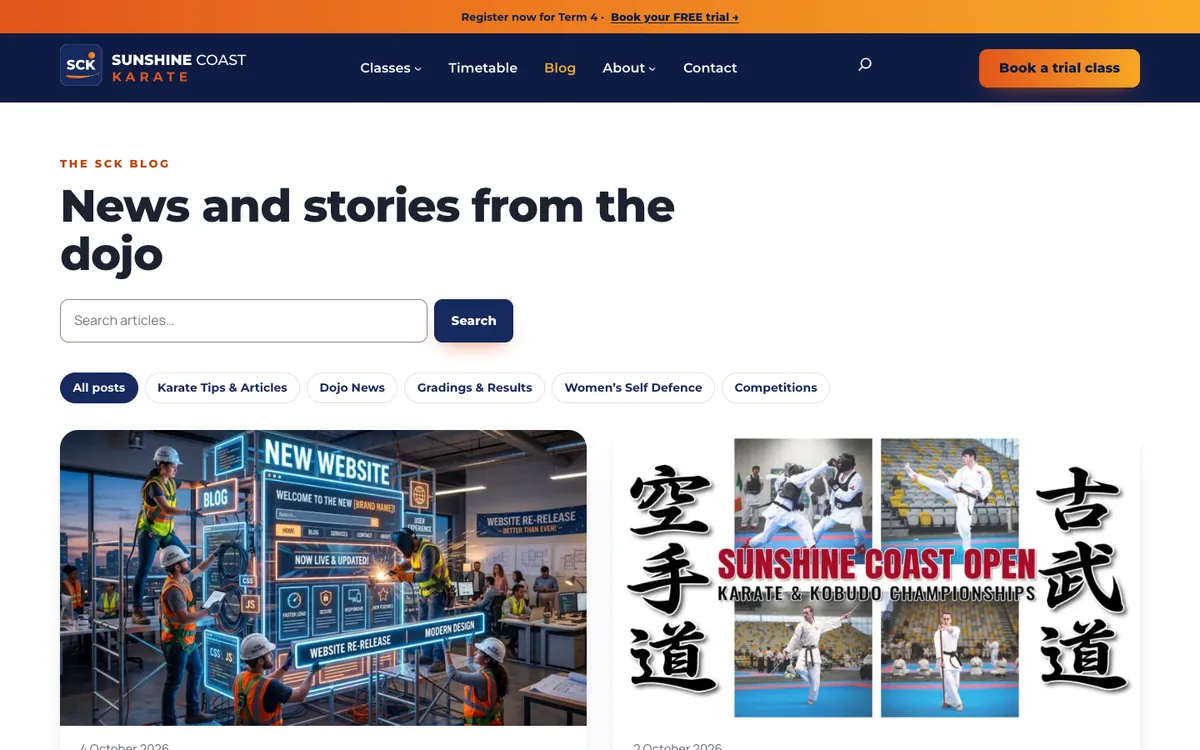 The new blog listing: the heading News and stories from the dojo, a search box, category filter buttons and a grid of post cards with images.