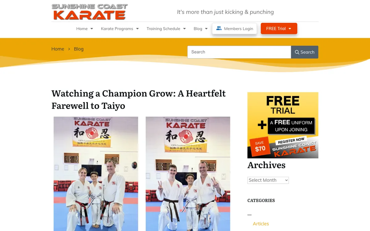The old blog listing in Thrive: a search bar on a yellow band, the latest post with two photos, and a free trial badge and archives in the sidebar.