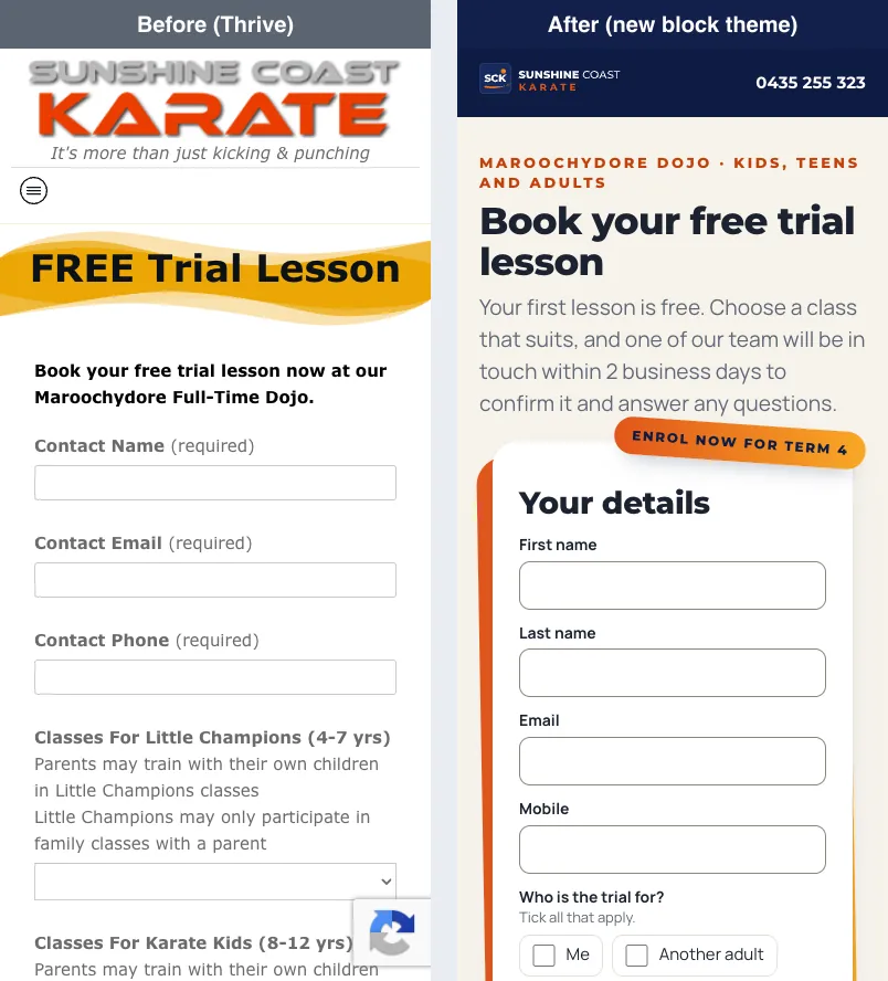 The free trial page on a phone. Left: the old Contact Form 7 form with contact name, email, phone and class drop-downs, and a reCAPTCHA badge. Right: the new booking form with first name, last name, email, mobile and a Who is the trial for? question.