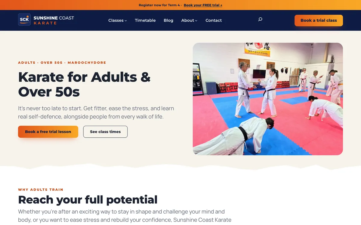 The rebuilt Karate for Adults page in the new block theme: heading Karate for Adults and Over 50s, a short introduction, Book a free trial lesson and See class times buttons, and a dojo photo.