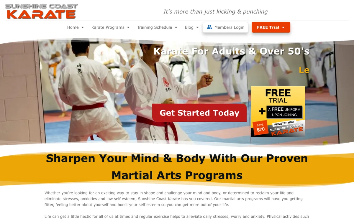 The old Karate for Adults page in Thrive: photo banner with a Get Started Today button, a free trial badge and a yellow swoosh heading.