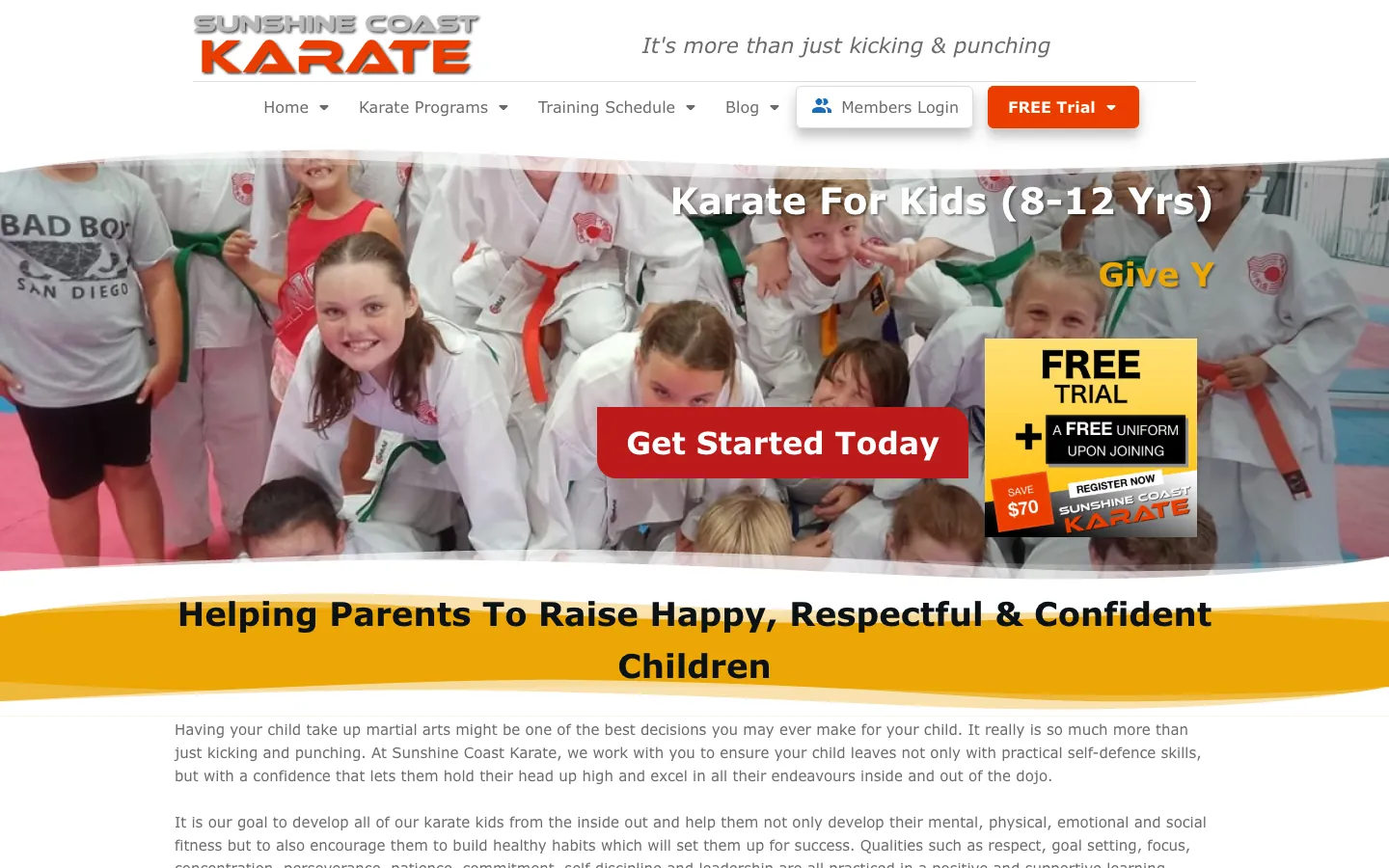 The old Karate for Kids page, built as a Thrive landing page: its own header and menu, a photo banner with a Get Started Today button and a free trial badge, and a yellow swoosh heading.