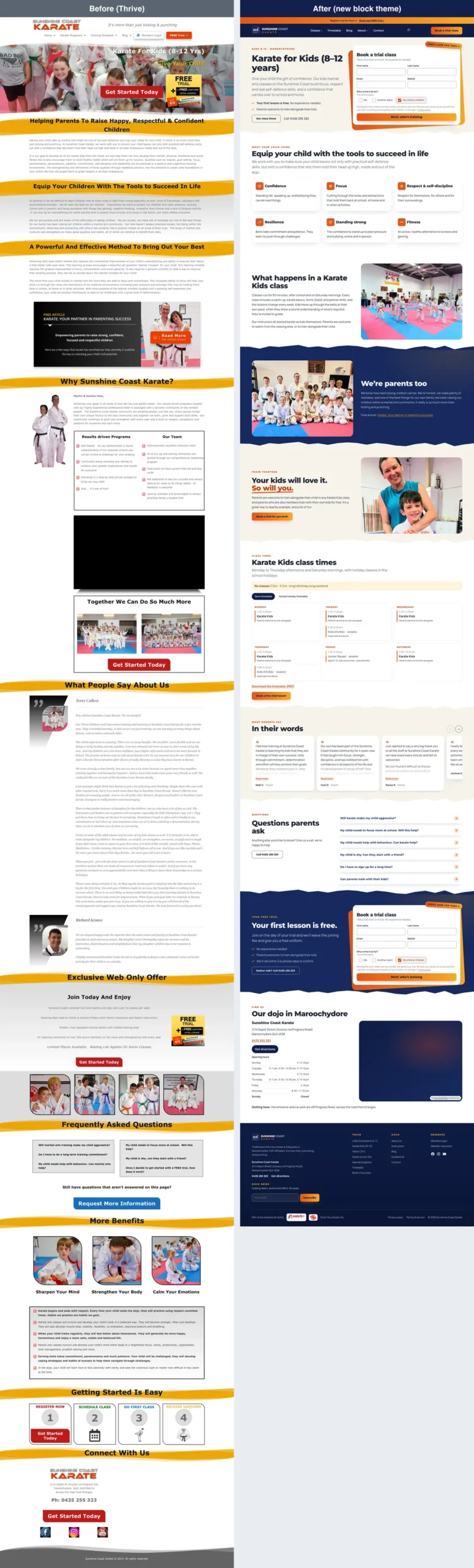 The whole Karate for Kids page, top to bottom, old Thrive version on the left and the rebuilt block theme version on the right.