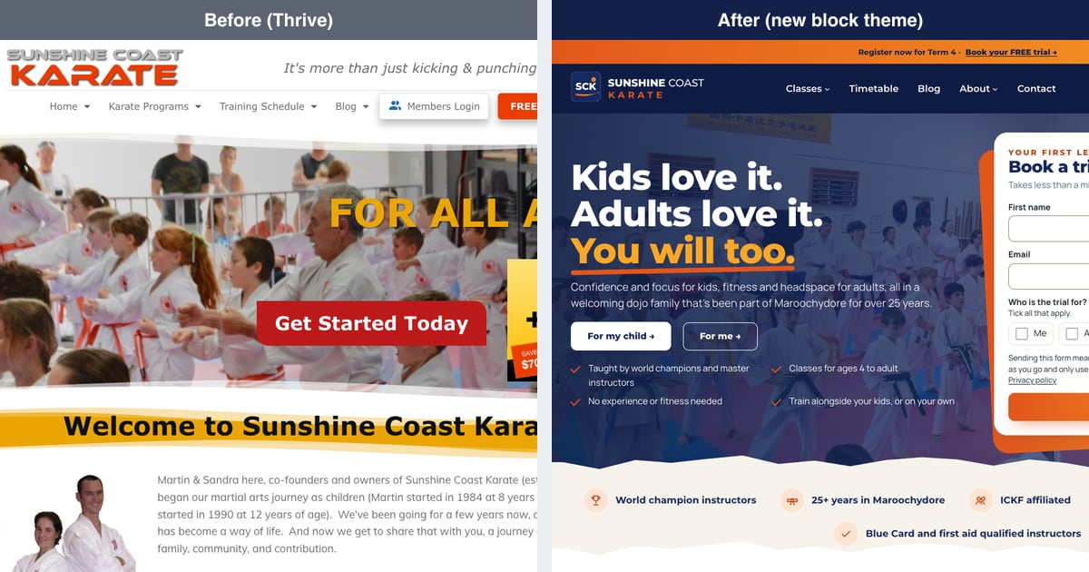 Moving off a page builder: our karate school’s rebuild