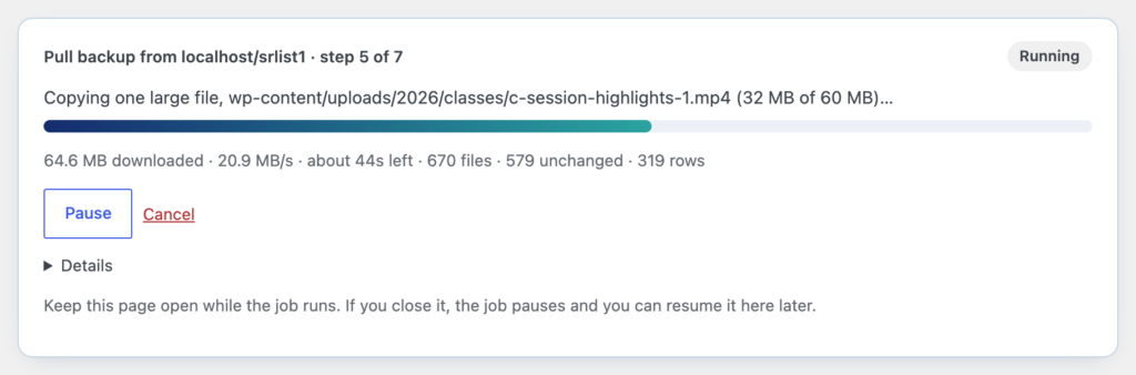 Site Replica's progress panel during a pull: step 5 of 7, copying one large file, 64.6 MB downloaded at 20.9 MB/s, about 44 seconds left