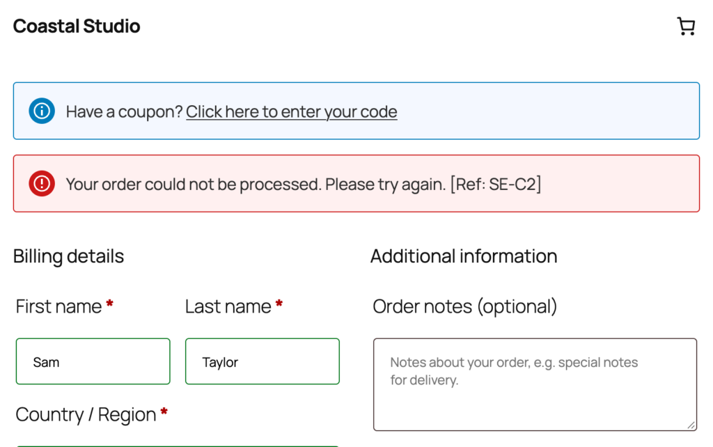 A WooCommerce checkout showing Spam Eater's refusal message with its reference code