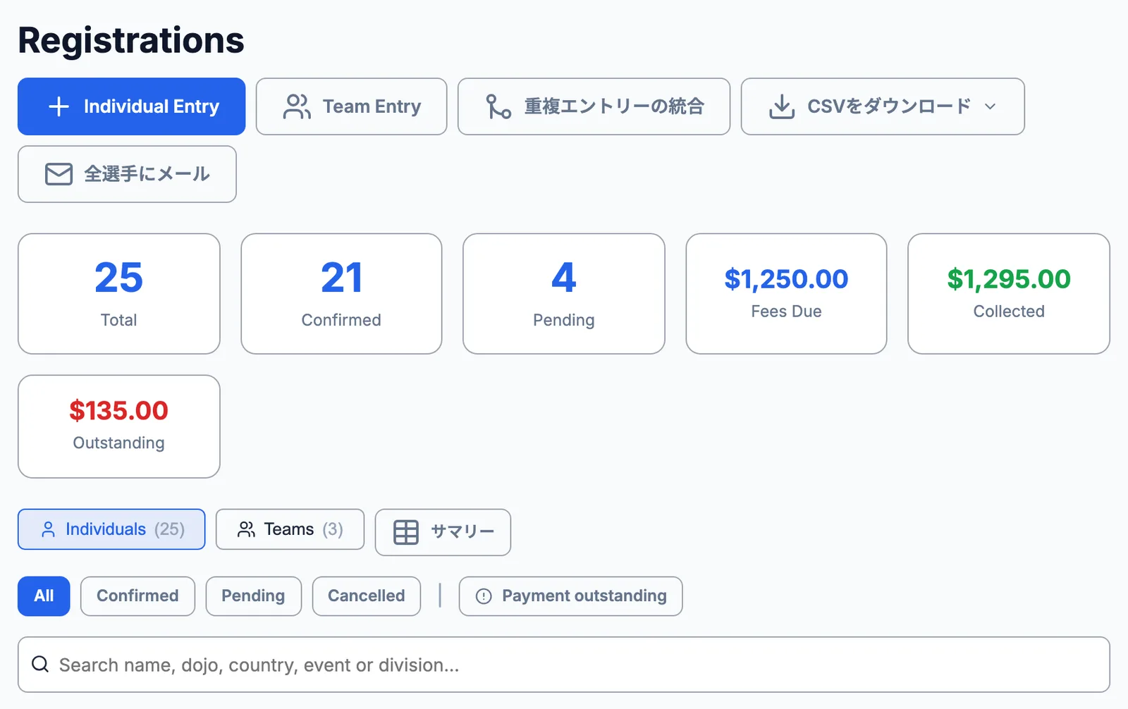 Taikai's Registrations page in Japanese with many buttons and figures still in English: Individual Entry, Total, Fees Due, Collected
